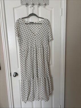 Zara White Midi Dress with Black Polka Dots